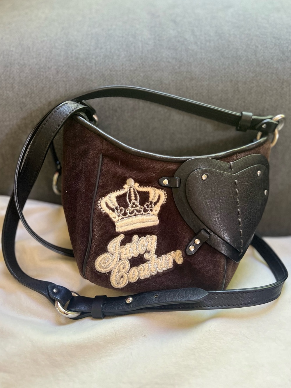Vintage Juicy Couture Crossbody Brown Purse Black Leather Heart Velour 90s Y2K